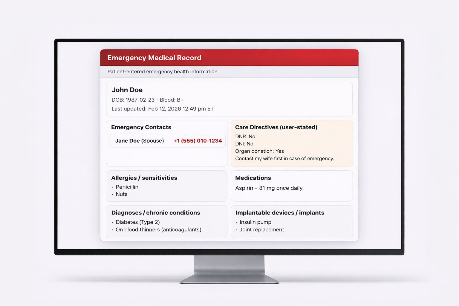 Emergency access page on desktop