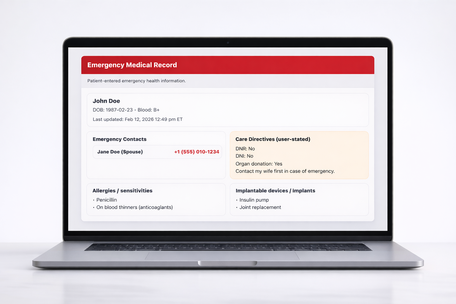 Emergency access page on laptop